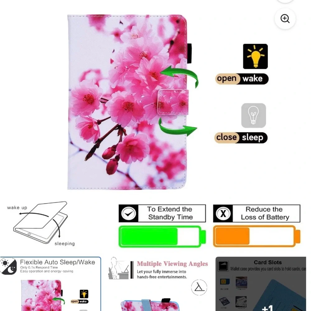 Pink and Blue Folio Tablet Cover with Cherry Blossom Design
